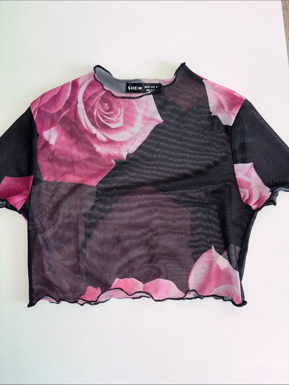 SHEIN Black & Pink Rose Sheer Mesh Crop Top